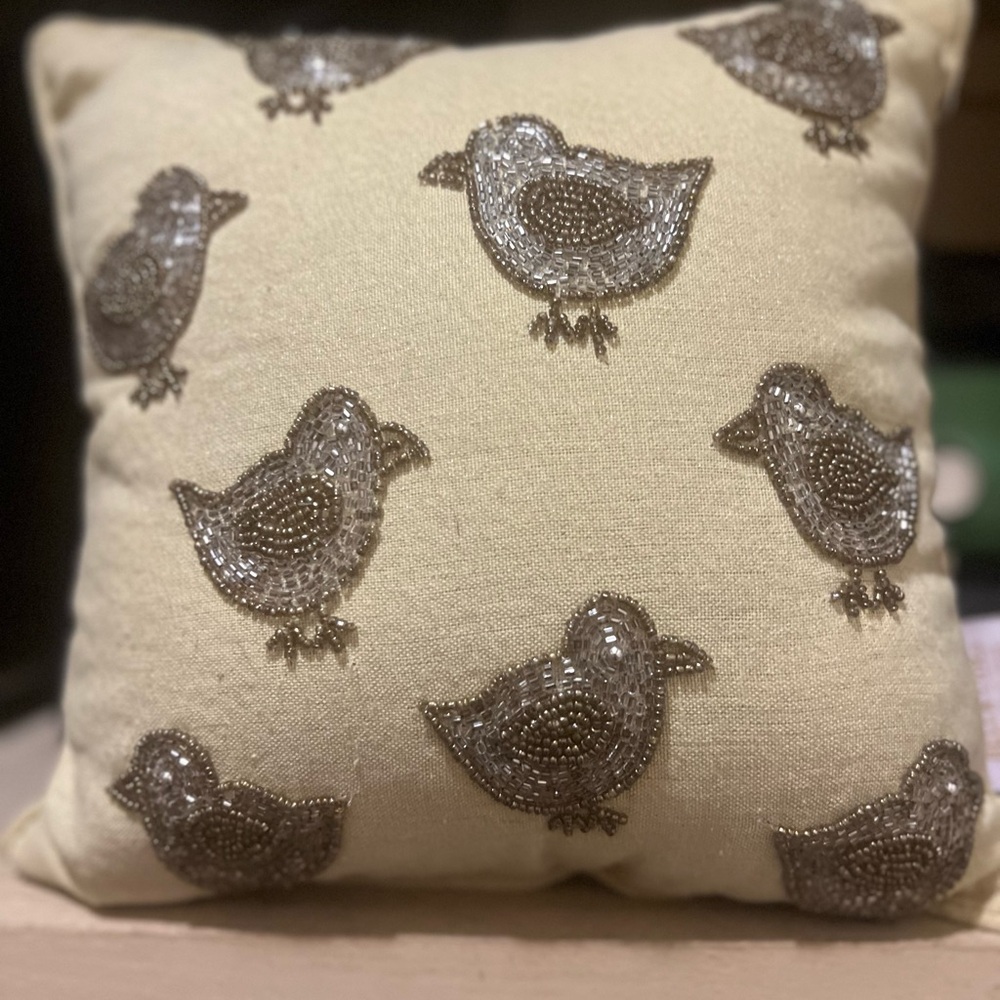 Beaded Bird Accent Pillow - Cream with Gold Beading, perfect for Easter/spring